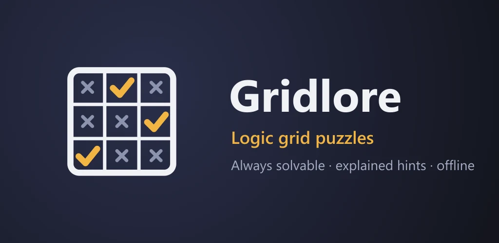 Gridlore: logic grid puzzles. Always solvable, explained hints, offline. A solved 3×3 logic grid with ticks and crosses.