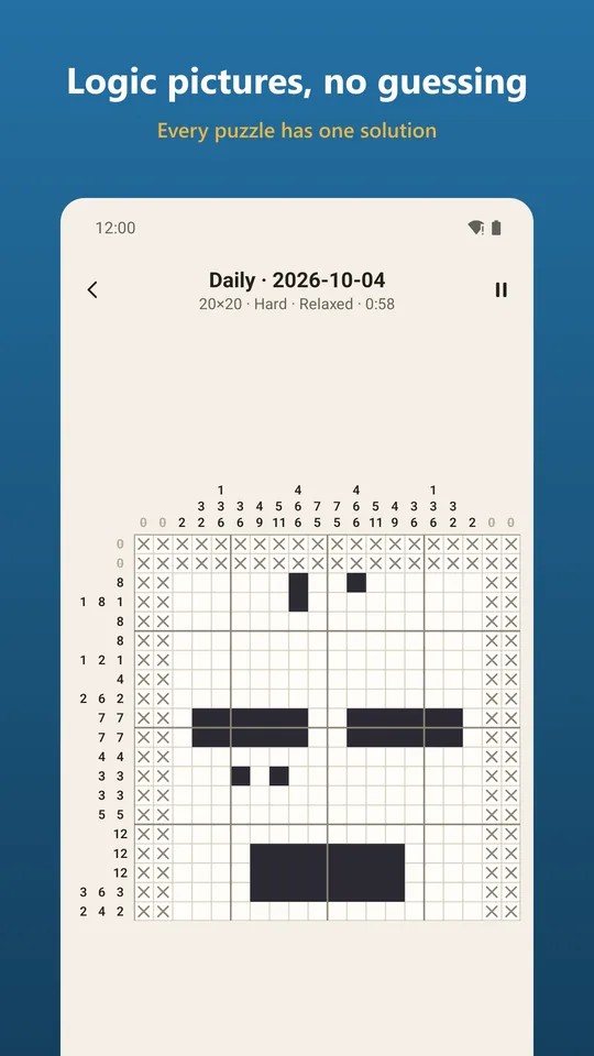 Hatchwork screenshot: Logic pictures, no guessing Every puzzle has one solution