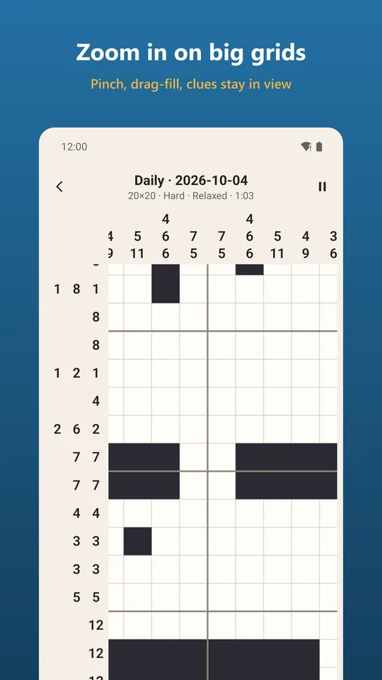 Hatchwork screenshot: Zoom in on big grids Pinch, drag-fill, clues stay in view