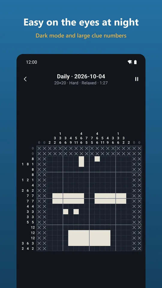 Hatchwork screenshot: Easy on the eyes at night Dark mode and large clue numbers
