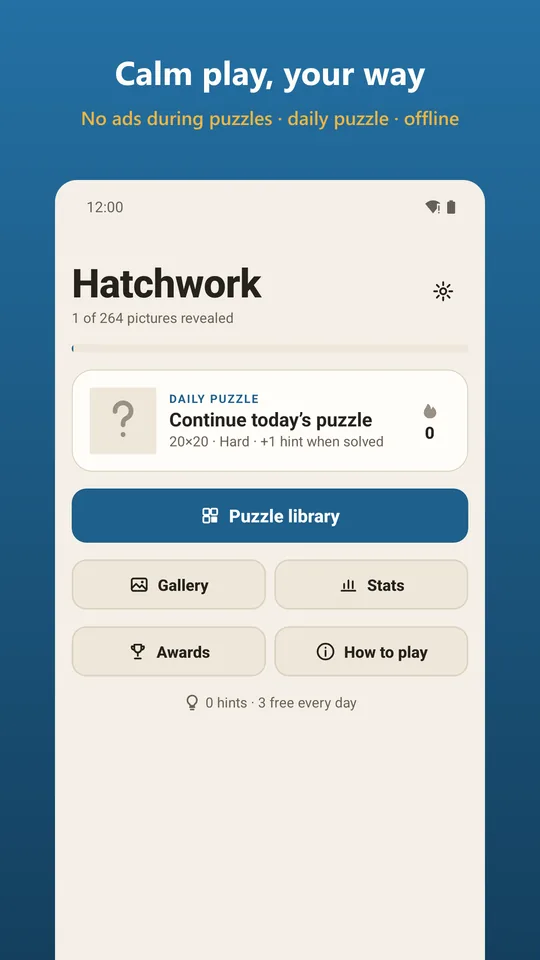 Hatchwork screenshot: Calm play, your way No ads during puzzles · daily puzzle · offline