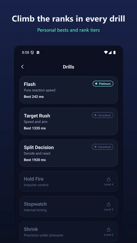 Nimbletap screenshot: Climb the ranks in every drill Personal bests + rank tiers