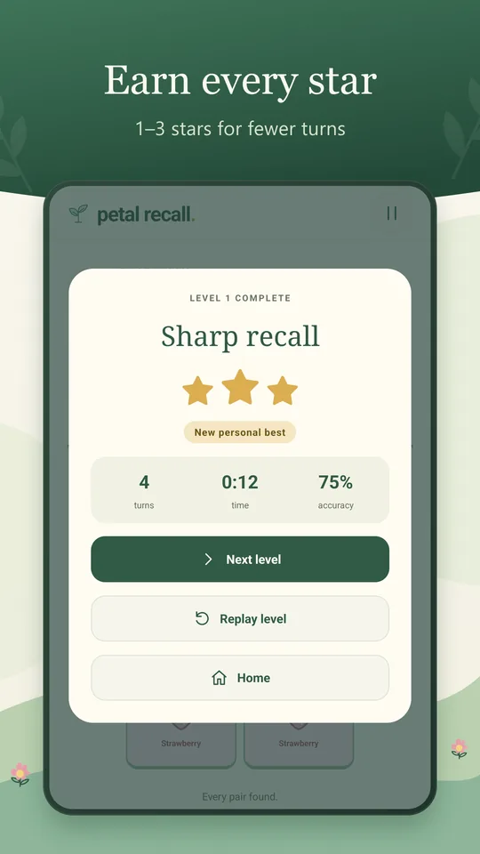 Petal Recall screenshot: Earn every star 1–3 stars for fewer turns