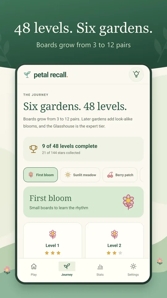 Petal Recall screenshot: 48 levels. Six gardens. Boards grow from 3 to 12 pairs