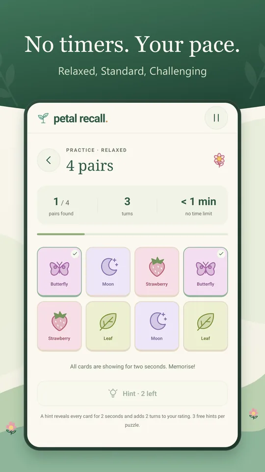Petal Recall screenshot: No timers. Your pace. Relaxed, Standard, Challenging
