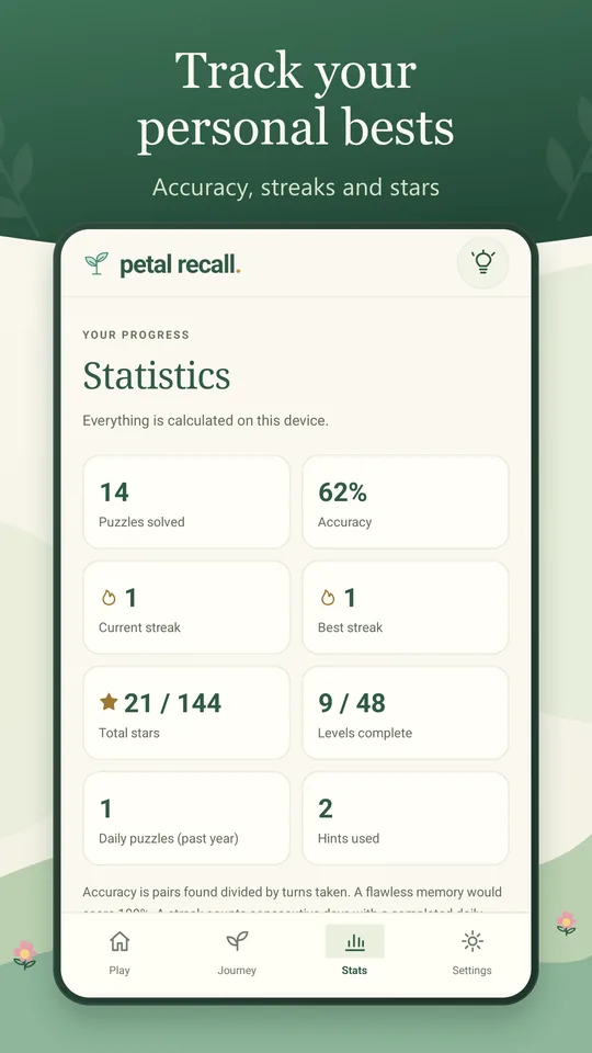 Petal Recall screenshot: Track your personal bests Accuracy, streaks and stars
