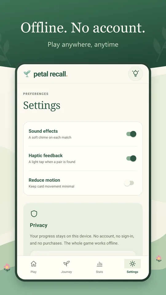 Petal Recall screenshot: Offline. No account. Play anywhere, anytime