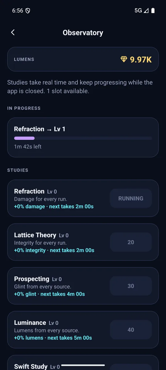 Prismkeep screenshot: Studies, Lenses, Foundry Studies progress while the app is closed