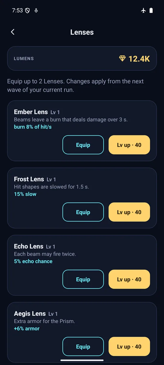 Prismkeep screenshot: Five Lenses to equip Burn, frost, echo, aegis, prospecting