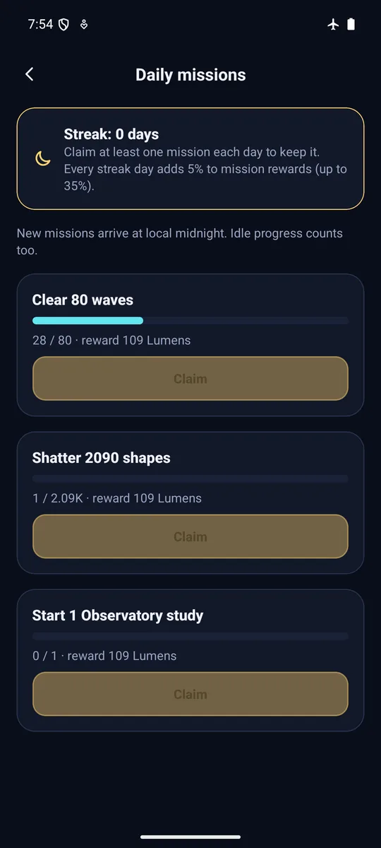Prismkeep screenshot: Daily missions and streaks New missions every day