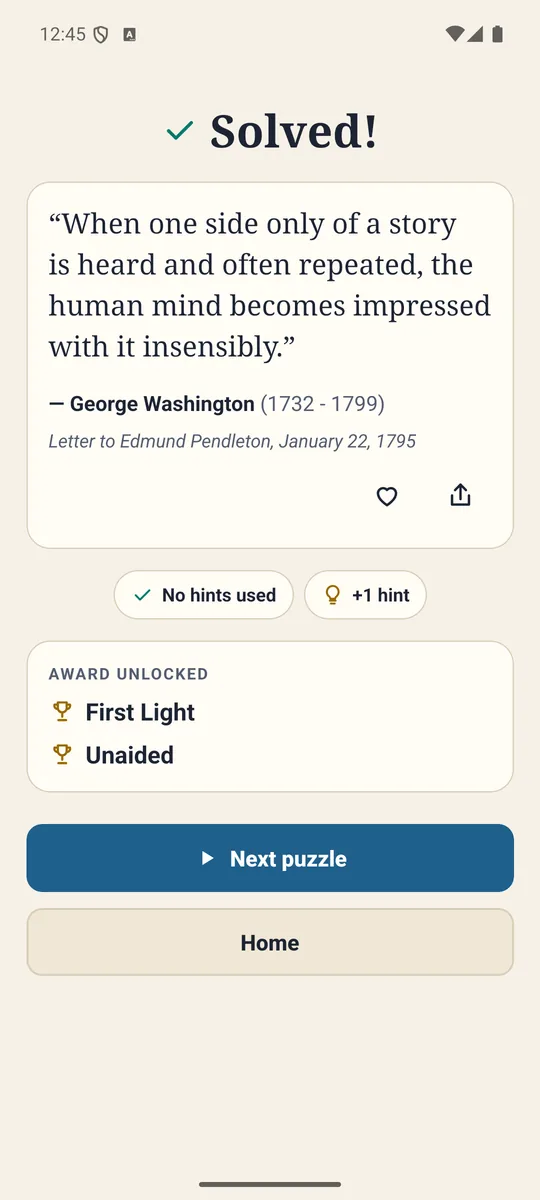 Quillvane screenshot: Never interrupted mid-puzzle No ads while you solve. Saved every keystroke.