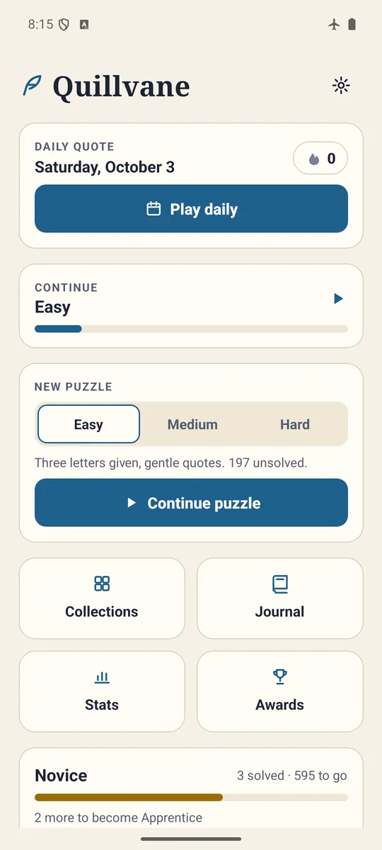 Quillvane screenshot: A new quote every day Daily quote, streaks and awards