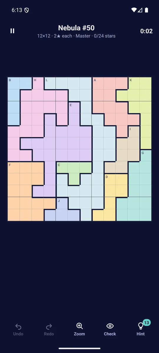 Starmosaic screenshot: Two-star puzzles up to 12×12 Real Expert and Master difficulty